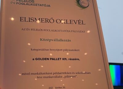 Golden Pallet Kft: Az „Év Felelős Foglalkoztatója” pályázat elismerő oklevél